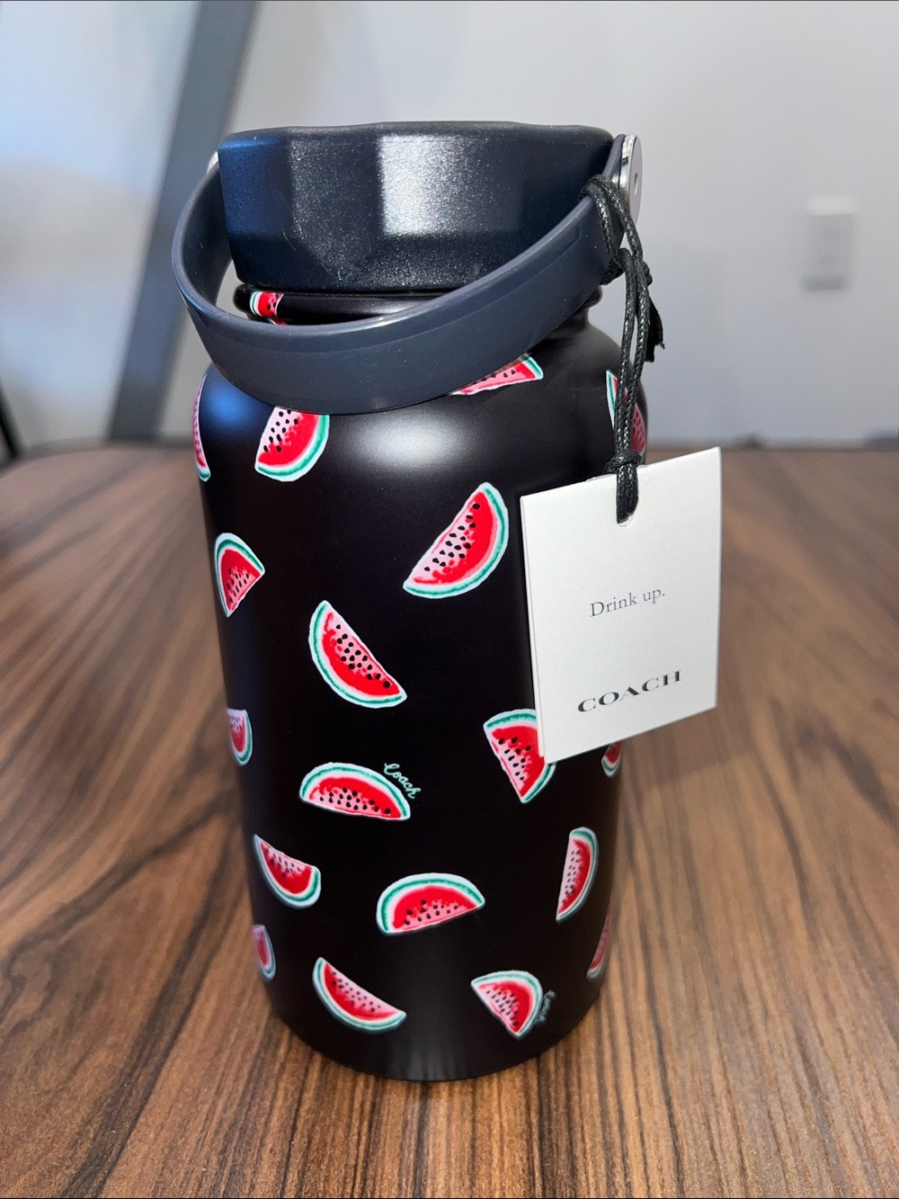 AUTH NIB COACH Water Bottle with Watermelon Print - Black & Red